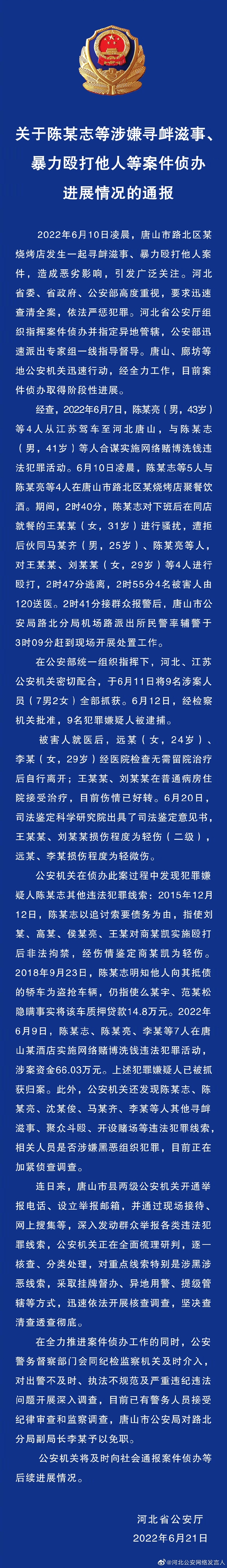 關于陳某志等涉嫌尋釁滋事、暴力毆打他人等案件偵辦進展情況的通報
