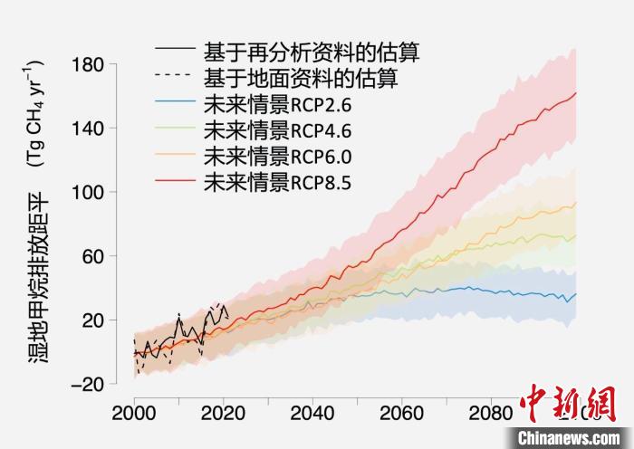基于觀測(cè)的濕地甲烷排放變化與未來(lái)氣候變化情景下估算的對(duì)比。　中科院青藏高原所 供圖