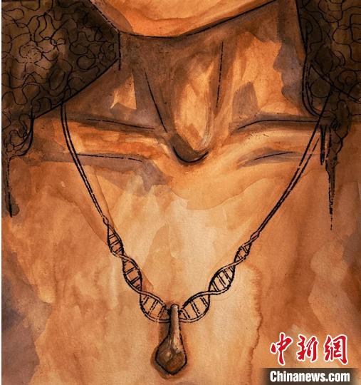 墜飾藝術(shù)再現(xiàn)圖，圖中吊墜繩為DNA螺旋樣式(圖片作者Myrthe Lucas)?！∈┢樟指瘛ぷ匀?供圖