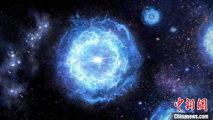 第一代超大質(zhì)量恒星演化成為“對不穩(wěn)定超新星”的藝術展示圖。　中科院國家天文臺 供圖