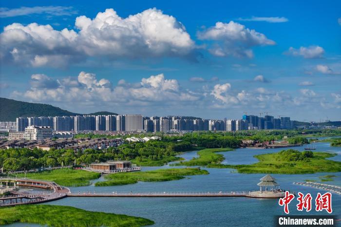 資料圖：航拍蘇州太湖湖濱國家濕地公園，藍天碧水生態(tài)美。 泱波 攝