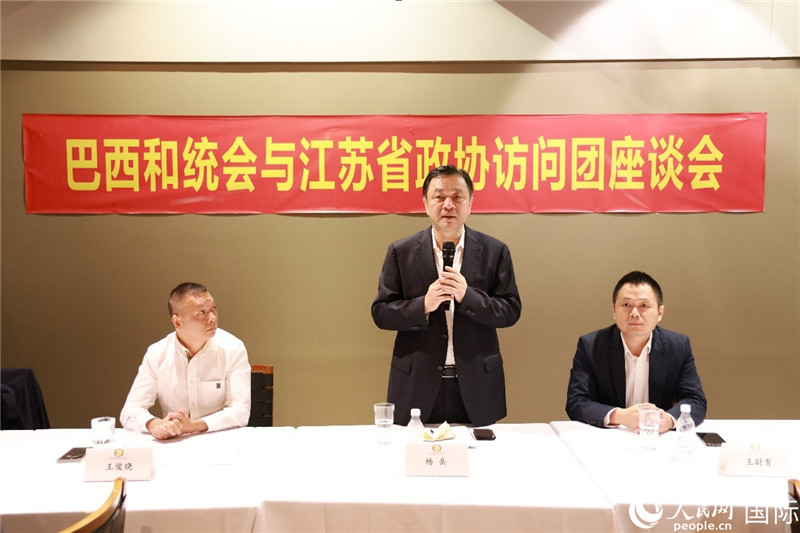 江蘇省政協(xié)副主席楊岳（中）在座談會上致辭。人民網(wǎng)記者 陳海琪攝