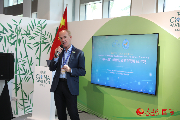 綠色聯(lián)盟聯(lián)合主席、世界自然基金會國際特使蘭博蒂尼在“一帶一路”綠色低碳轉型合作研討會上發(fā)言。人民網(wǎng)記者 張志文攝