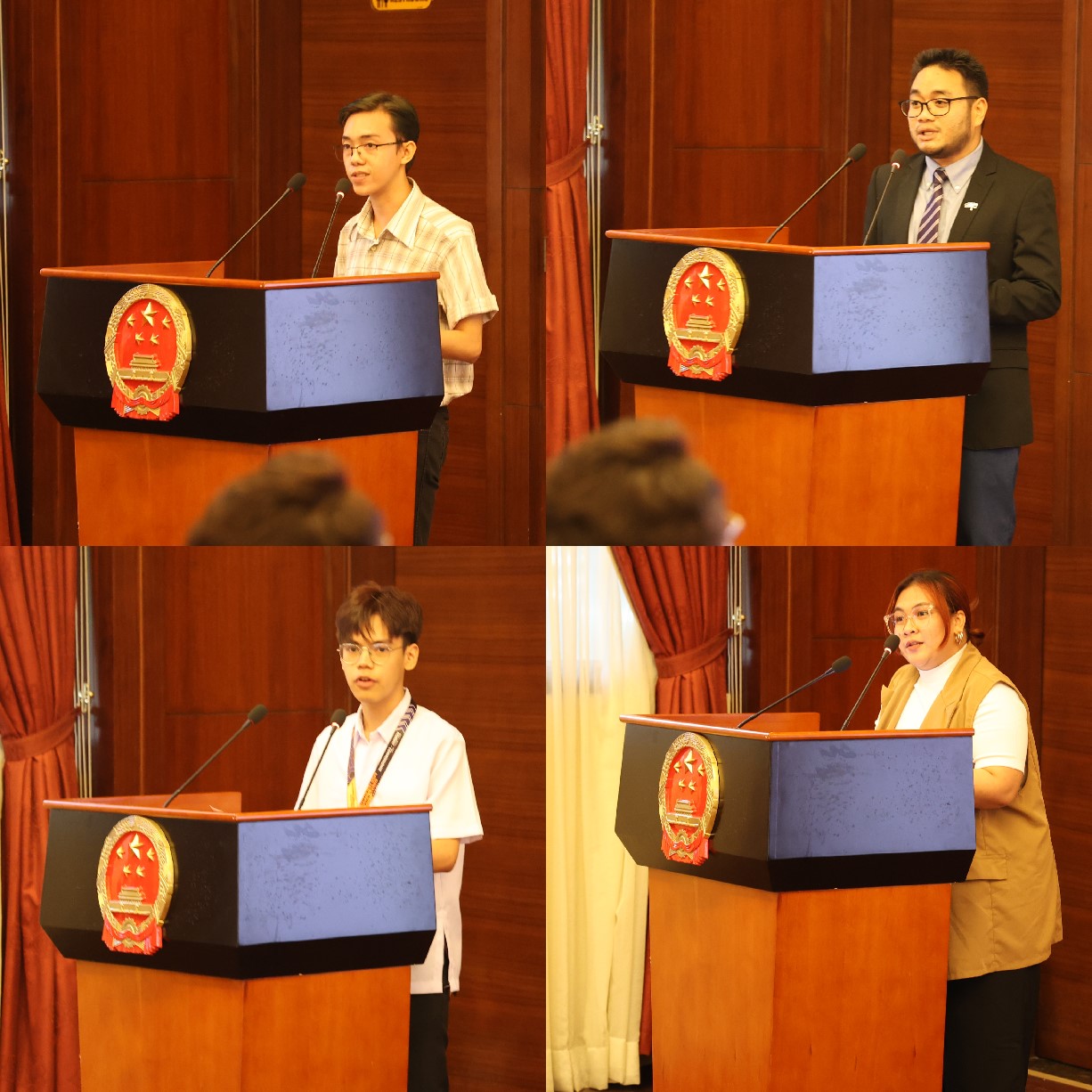 菲律賓大學(xué)、菲律賓師范大學(xué)的4位學(xué)生和校友代表現(xiàn)場發(fā)言向中方表示感謝并分享體會(huì)。駐菲律賓使館 供圖