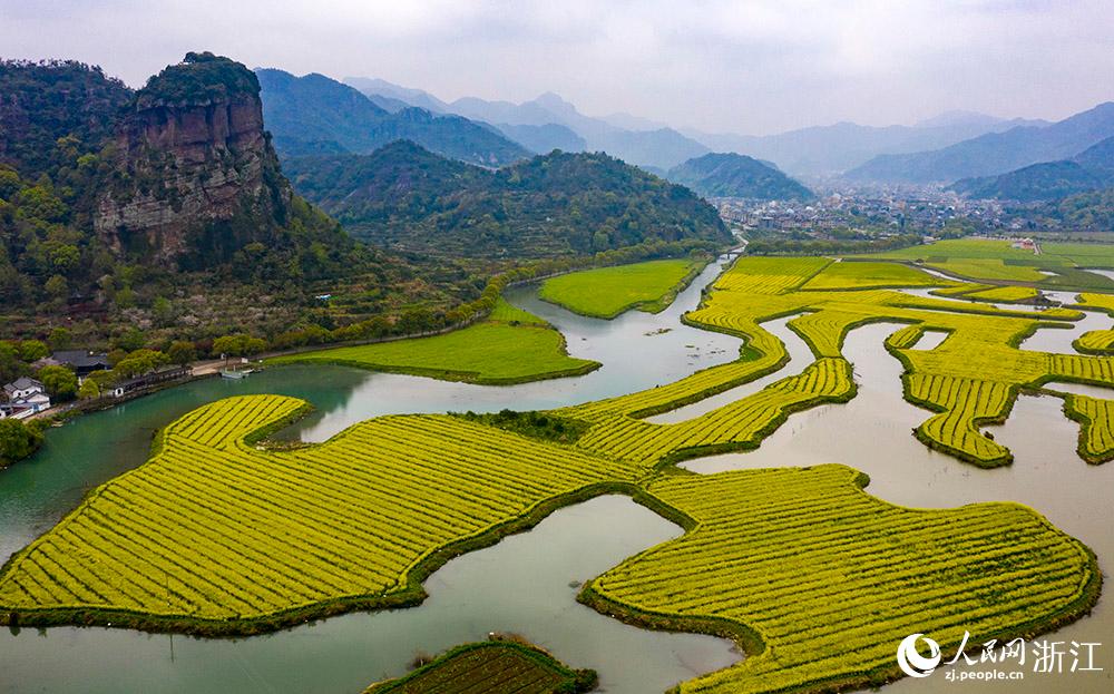 3月28日，航拍浙江省臨海市桃渚鎮(zhèn)桃江十三渚盛開(kāi)的油菜花景色。人民網(wǎng) 章勇濤攝