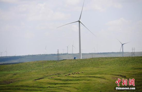 6月28日，河北張家口張北草原上大片風(fēng)力發(fā)電的“風(fēng)車”規(guī)模宏大。 中新社記者 楊艷敏 攝