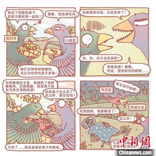 根據(jù)此次熱河鳥(niǎo)研究成果繪制的漫畫(huà)(燁子/繪)。　中科院古脊椎所 供圖