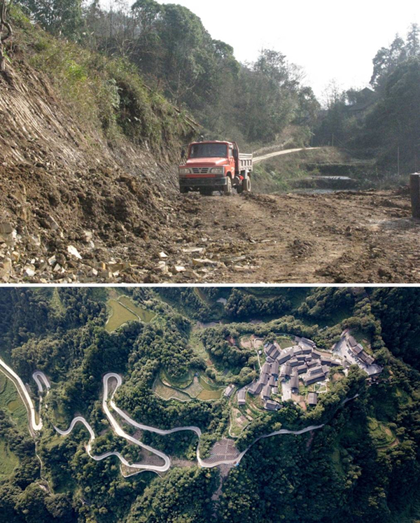 拼版照片：上圖為2011年12月拍攝的湖南省湘西土家族苗族自治州花垣縣十八洞村進(jìn)村道路；下圖為2019年9月拍攝的十八洞村及進(jìn)村道路。