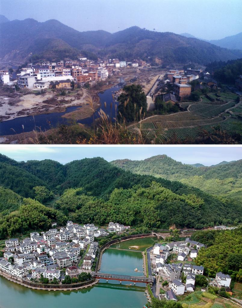 圖為浙江省杭州市淳安縣楓樹嶺鎮(zhèn)下姜村拼版圖，其中上圖為資料照片、下圖由新華社記者張鋮攝。