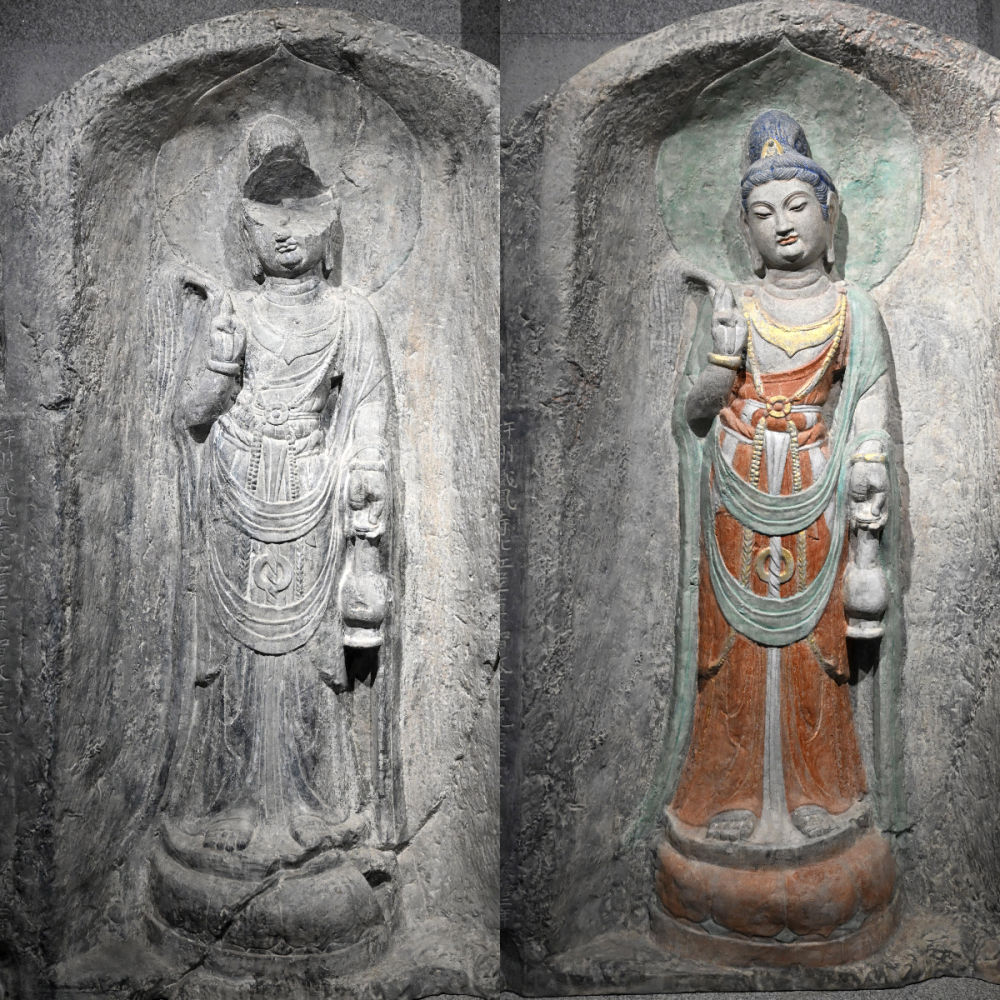 左圖為龍門石窟萬佛洞窟前南壁菩薩造像的3D打印模型；右圖為利用數(shù)字化技術(shù)復(fù)原后的3D打印模型（2025年4月10日攝，拼版照片）。復(fù)原后的像龕精妙絕倫，栩栩如生，被游客譽(yù)為“龍門最美菩薩”。圖片來源新華社