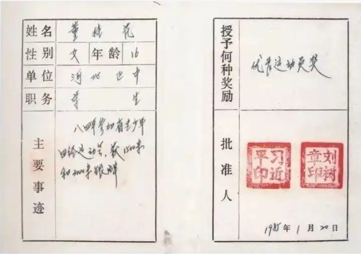 圖為1985年1月，時(shí)任正定縣委書記的習(xí)近平為參賽運(yùn)動(dòng)員頒發(fā)的“優(yōu)秀運(yùn)動(dòng)員獎(jiǎng)”。