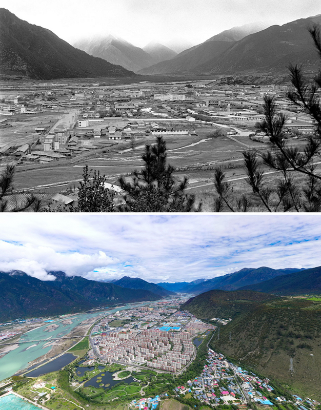 拼版照片：上圖是20世紀90年代的西藏林芝八一鎮(zhèn)；下圖是2021年7月20日拍攝的西藏林芝八一鎮(zhèn)風(fēng)貌。