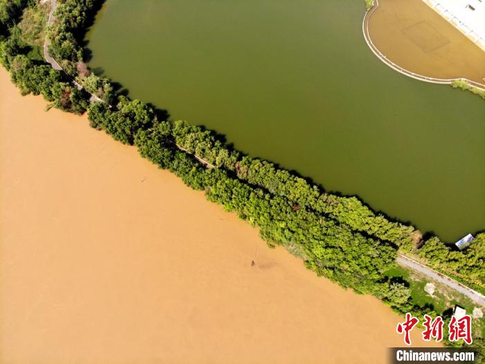 圖為2020年9月3日航拍黃河蘭州段濕地公園現(xiàn)黃河“鴛鴦鍋”。(資料圖) 高瑩 攝