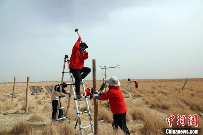 格爾木濕地站建設(shè)過程中，第二次青藏科考中科院空天院分隊(duì)隊(duì)員揮錘安裝防護(hù)欄?！?lt;a target='_blank' href='/'><p  align=