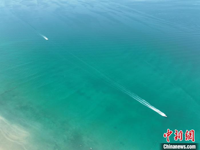 圖為航拍仲夏時節(jié)，青海湖湖水碧波蕩漾。　祁增蓓 攝