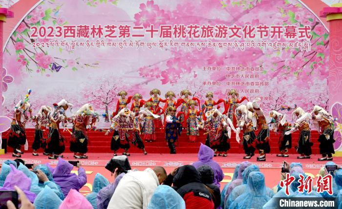 3月28日，西藏林芝第二十屆桃花旅游文化節(jié)開(kāi)幕式上的文藝表演。　李林 攝