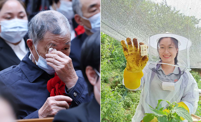 左圖為2021年2月25日，黃文秀的父親黃忠杰在全國(guó)脫貧攻堅(jiān)表彰大會(huì)上；右圖為黃文秀生前工作照。