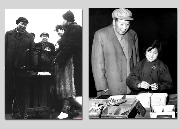 左圖：1953年，毛主席在湖北武漢蛇山與小販交談。右圖：1958年，毛主席視察沈陽市小型開關(guān)廠（今沈陽二一三電器有限公司），同裝配女工蘇玉春交談。