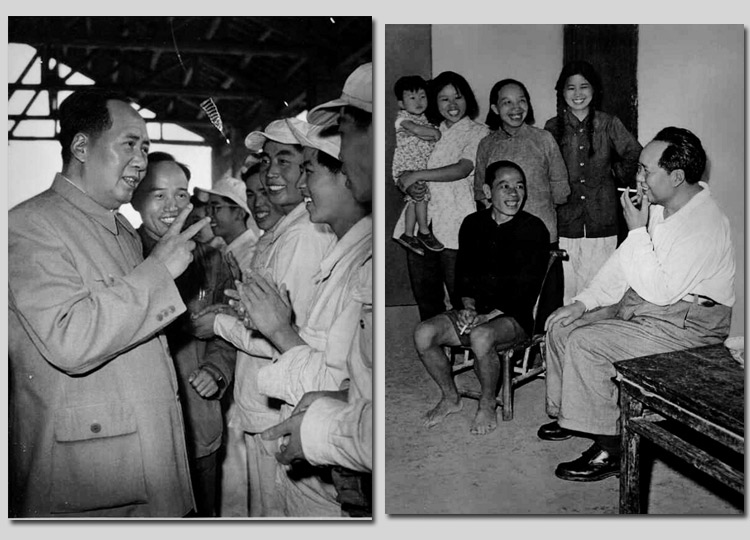 左圖：1959年，毛主席在安徽視察工廠時，同煉鋼工人親切談話。右圖：1959年，毛主席在湖南視察韶山，同貧農(nóng)社員親切談話。